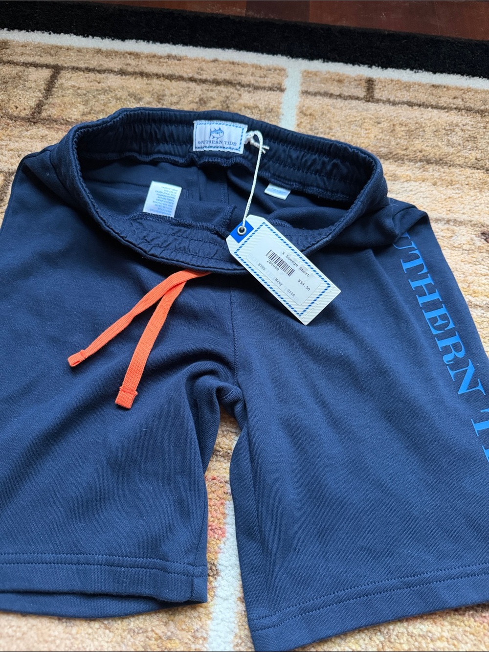 Southern Tide Navy Shorts with Orange Drawcord and Blue Side Logo
